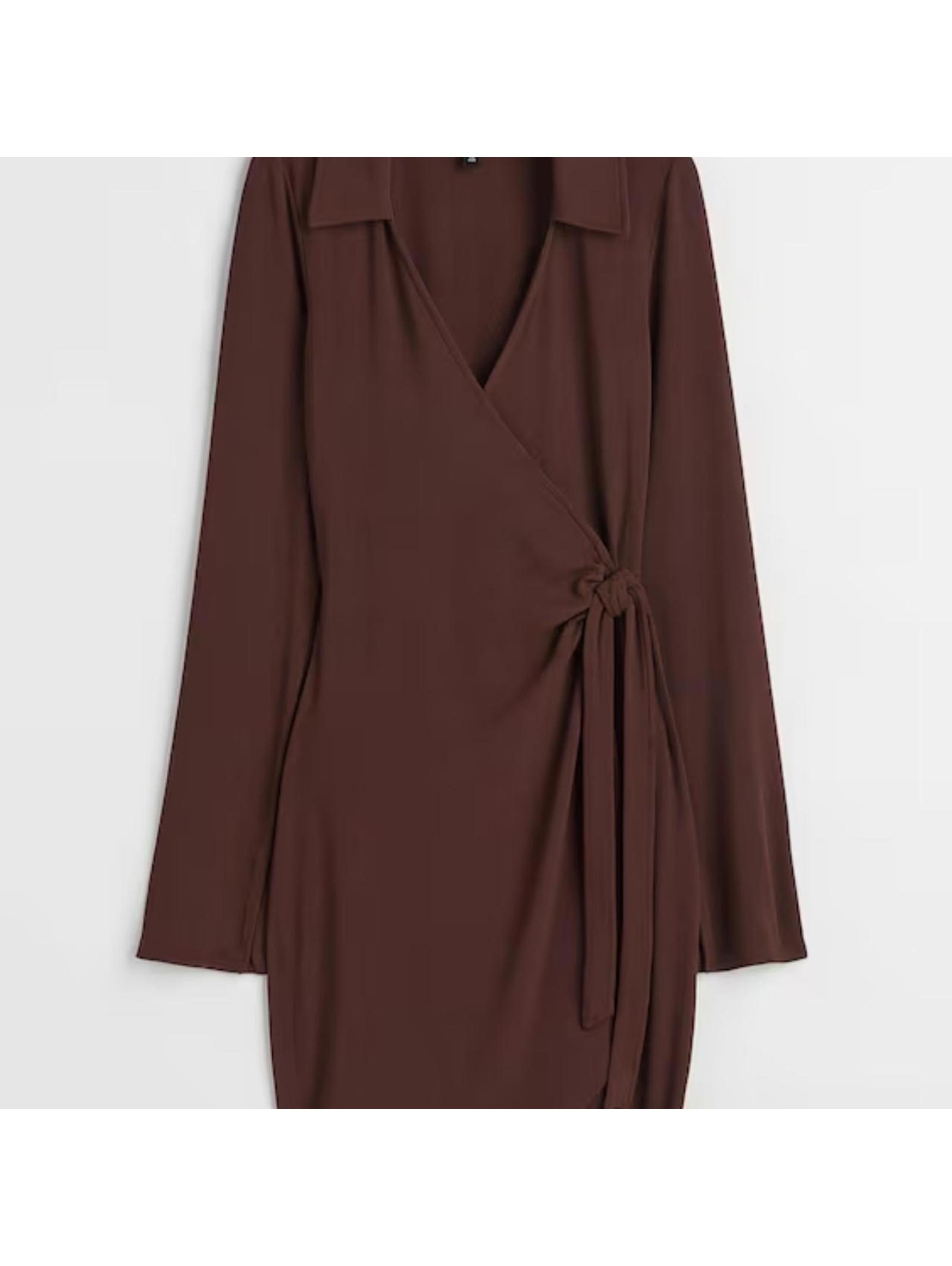Brown Burgundy Collared Wrap Dress Long Sleeve 70s Retro Style Xl